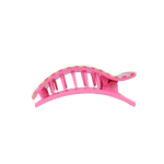 Medium flat rectangle hair clip side view, pink body with pink-and-green stripe accents