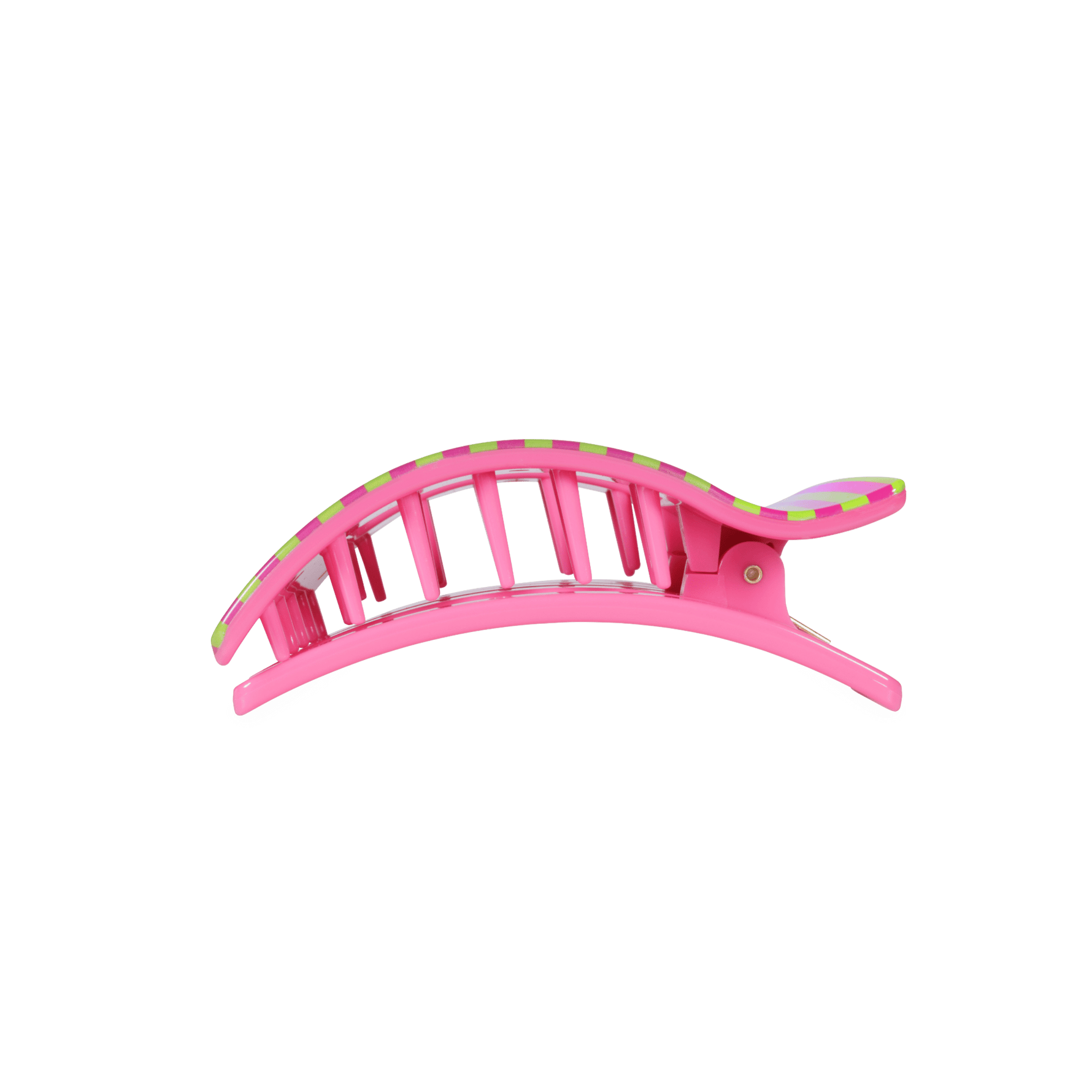 Medium flat rectangle hair clip side view, pink body with pink-and-green stripe accents