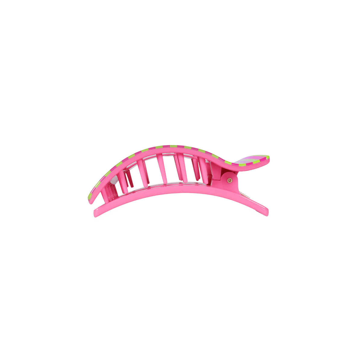 Pink flat rectangle hair clip with two prongs, side view
