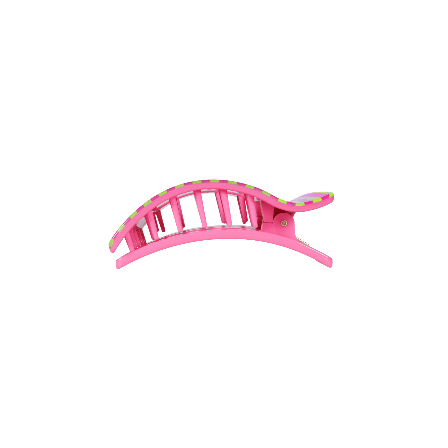 Pink flat rectangle hair clip with two prongs, side view