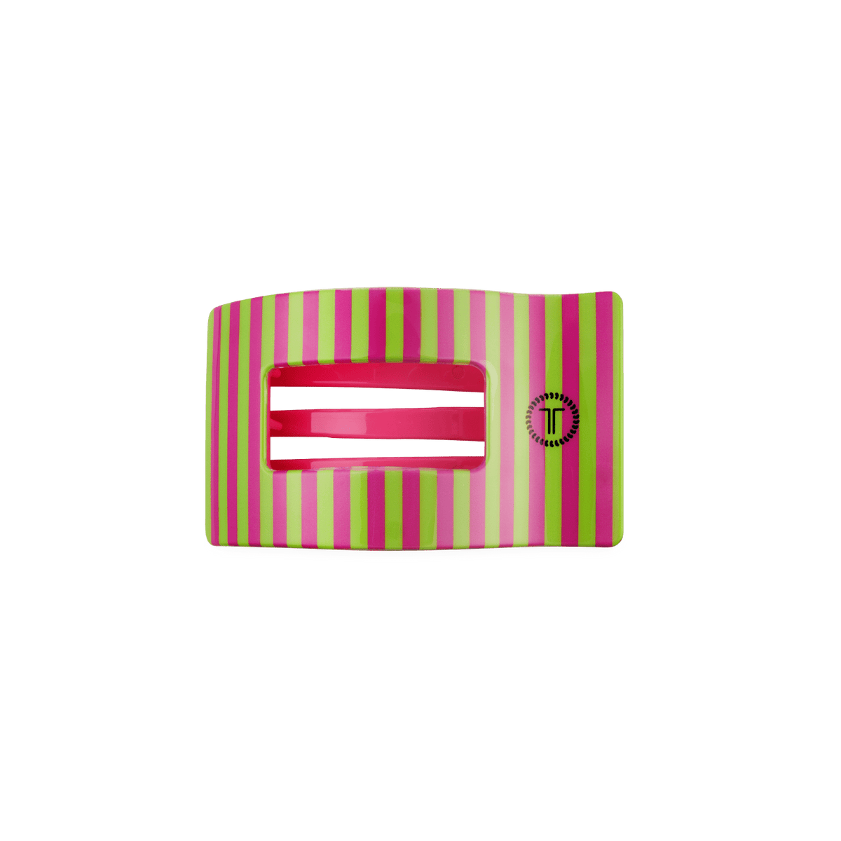 Pink and lime striped flat rectangle hair clip with two metal teeth