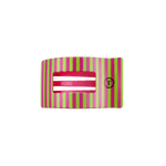 Pink and lime striped flat rectangle hair clip with two metal teeth