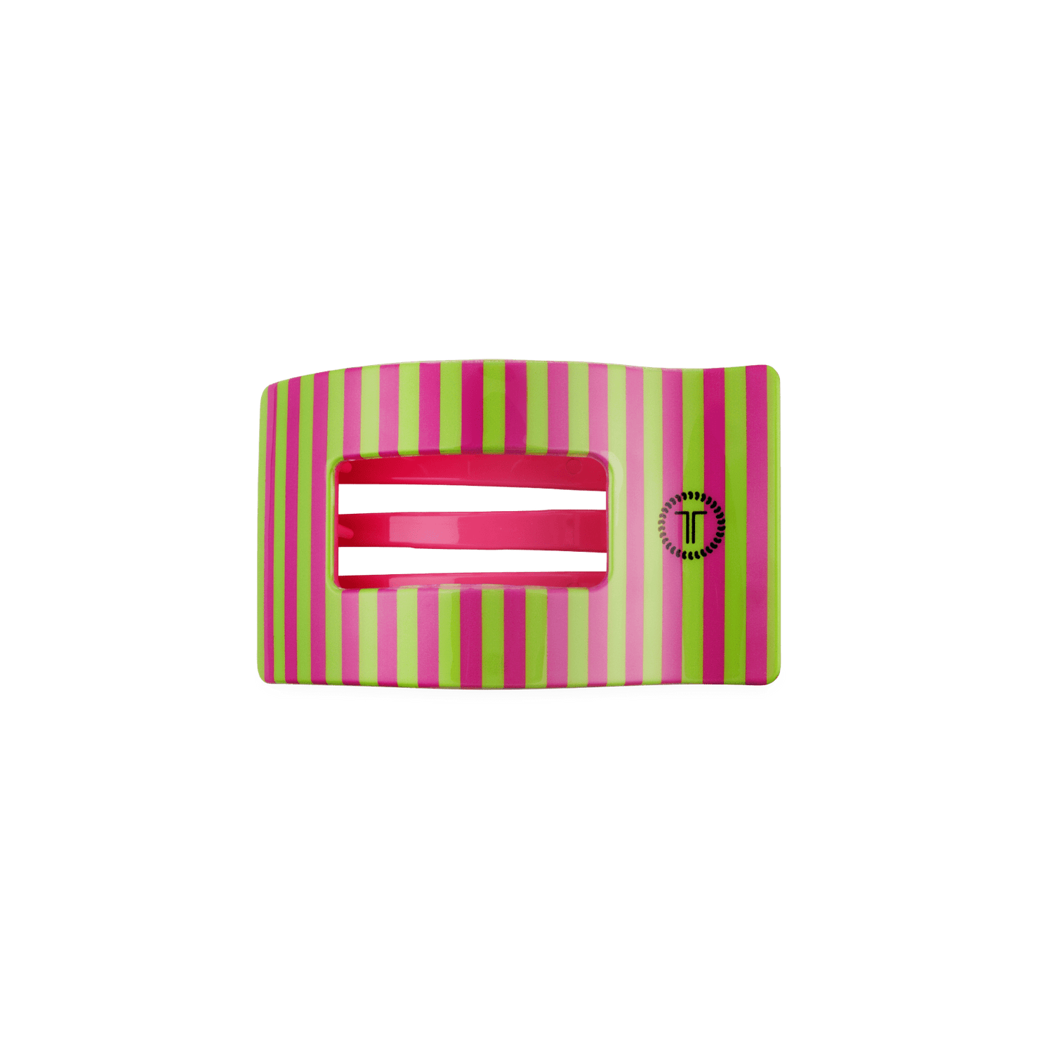 Pink and lime striped flat rectangle hair clip with two metal teeth
