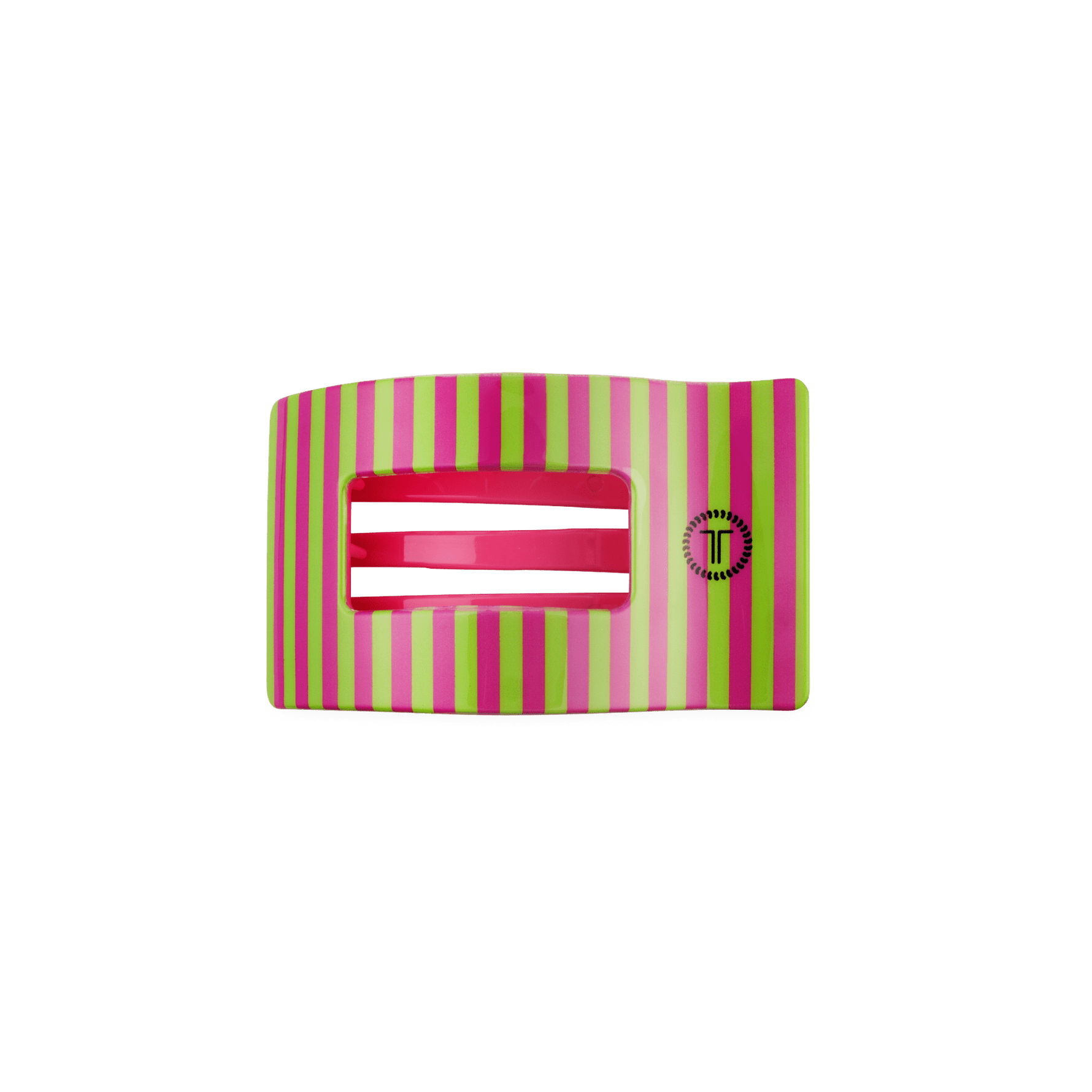 Pink and lime striped flat rectangle hair clip with two metal teeth