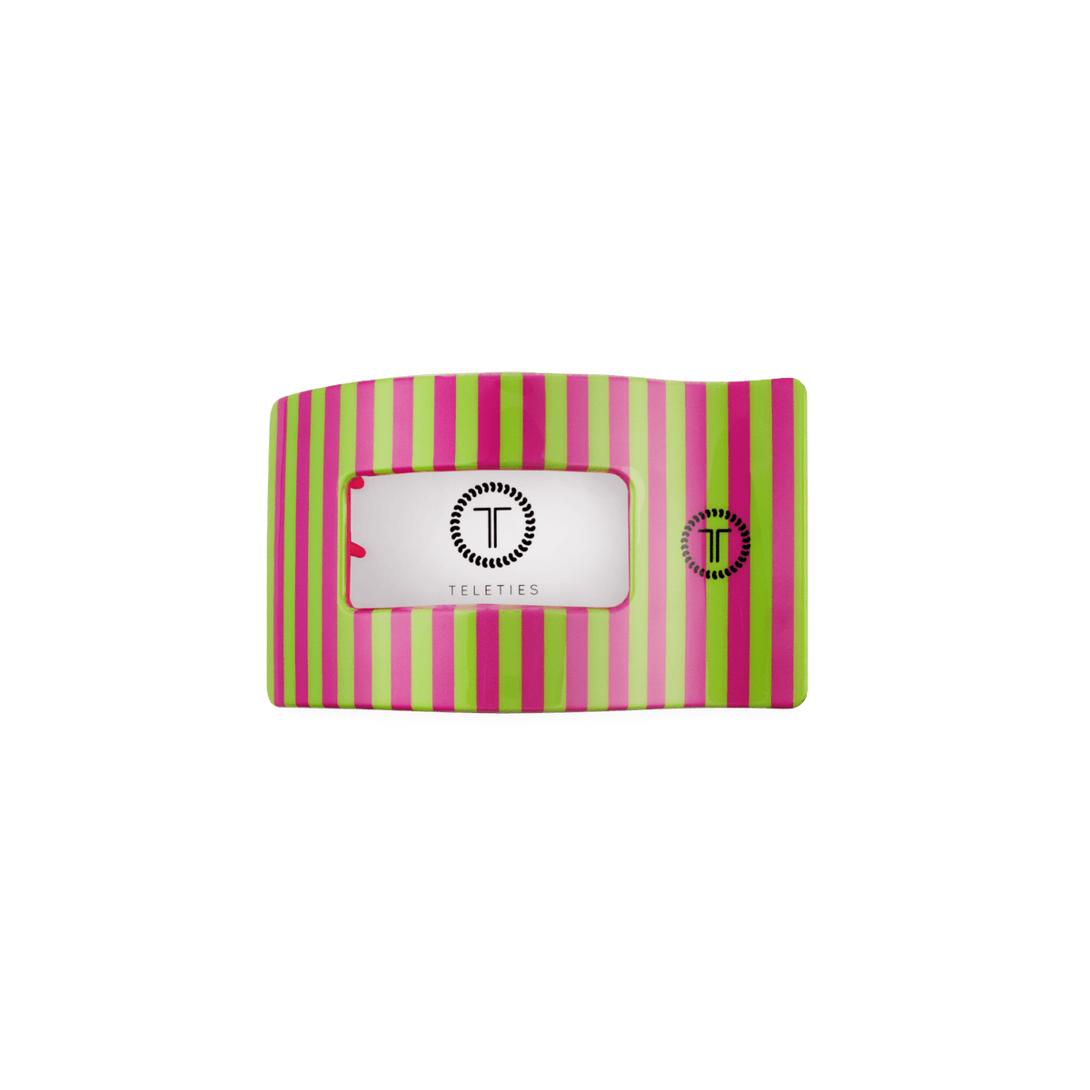 Pink and lime striped flat rectangle hair clip with logo patch
