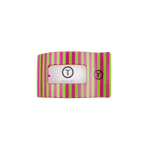 Pink and lime striped flat rectangle hair clip with logo patch