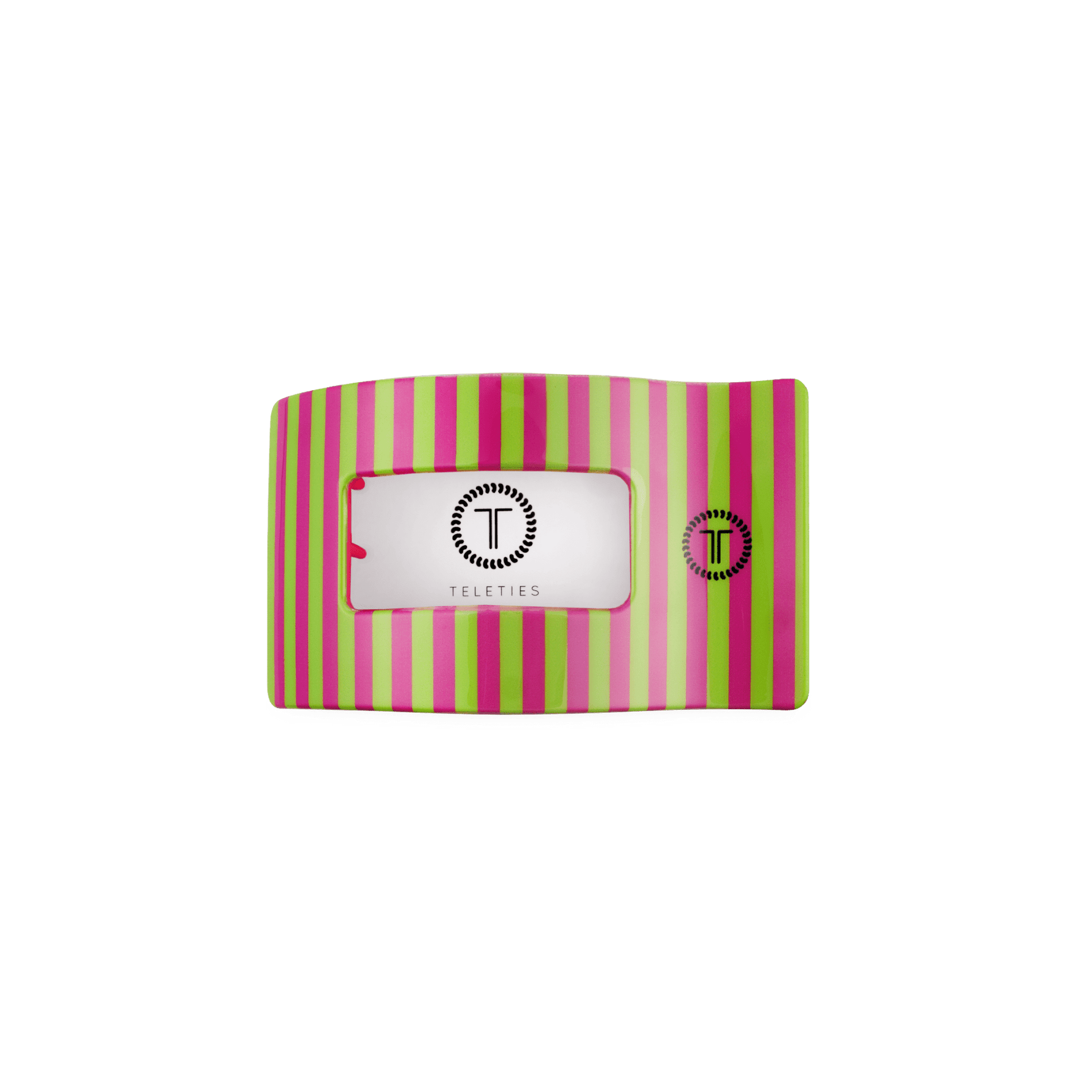 Pink and lime striped flat rectangle hair clip with logo patch