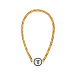 Gold-tone beaded headband with round logo charm at front