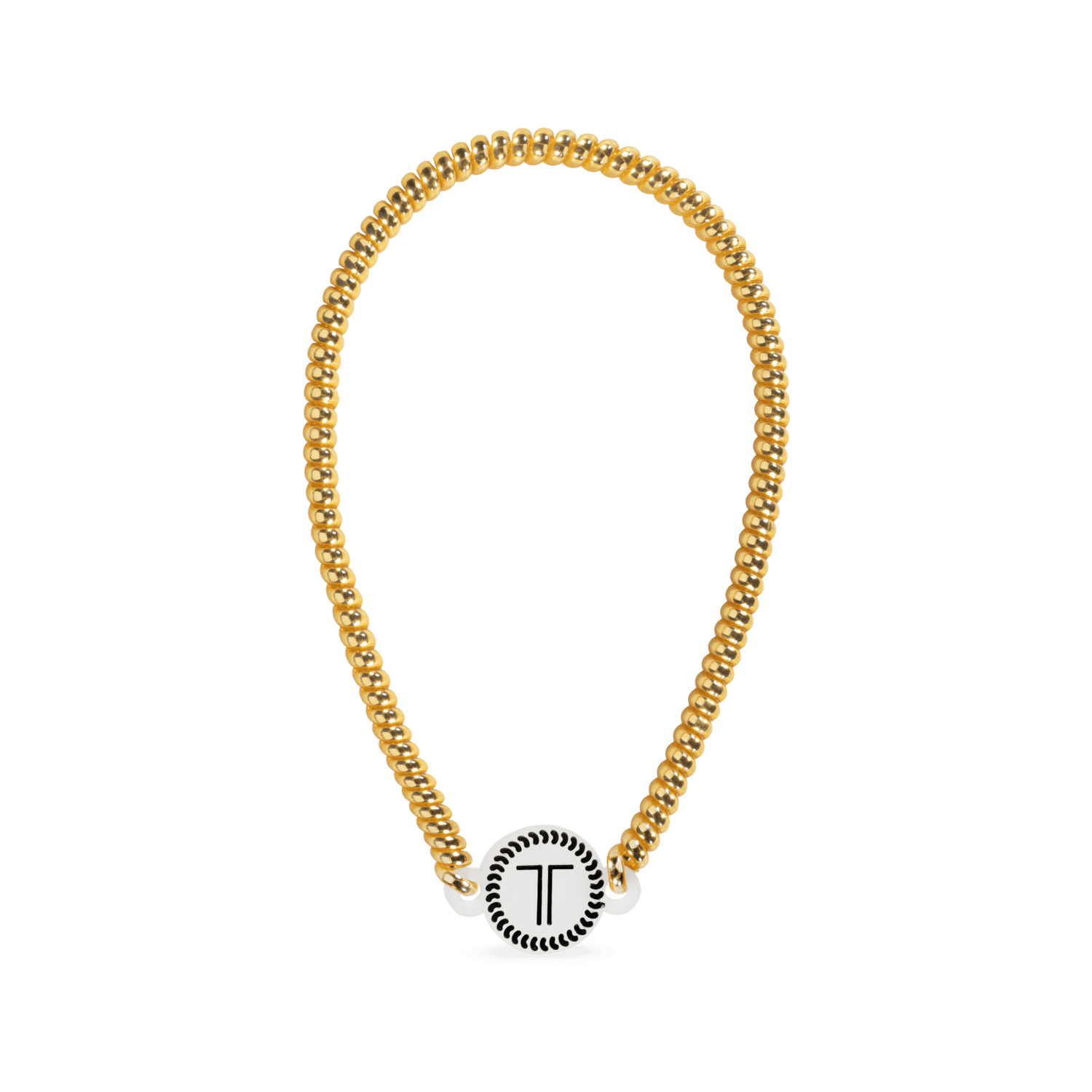Gold-tone beaded headband with round logo charm at front