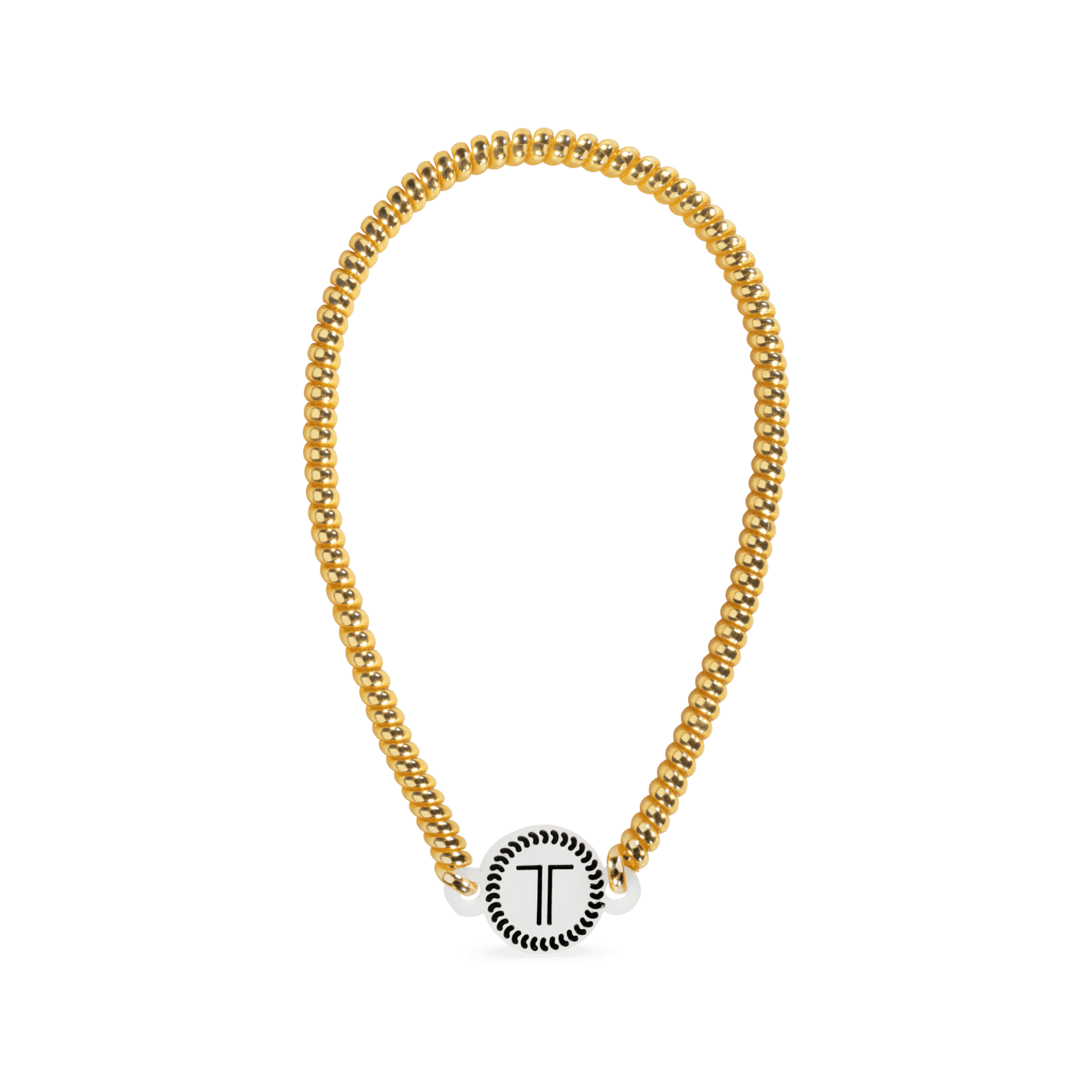 Gold-tone beaded headband with round logo charm at front