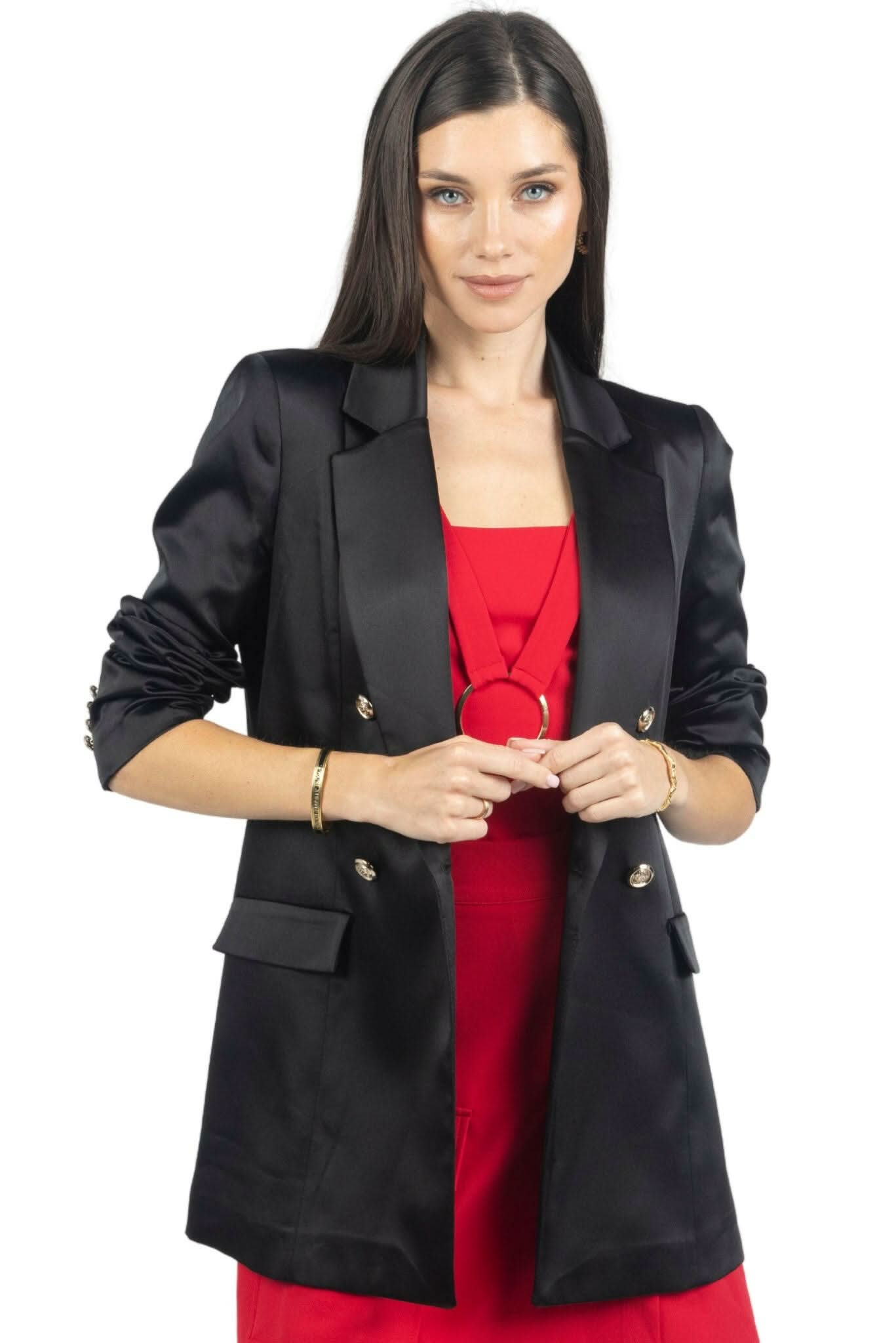 Women’s black blazer with gold buttons, notch lapels and long sleeves