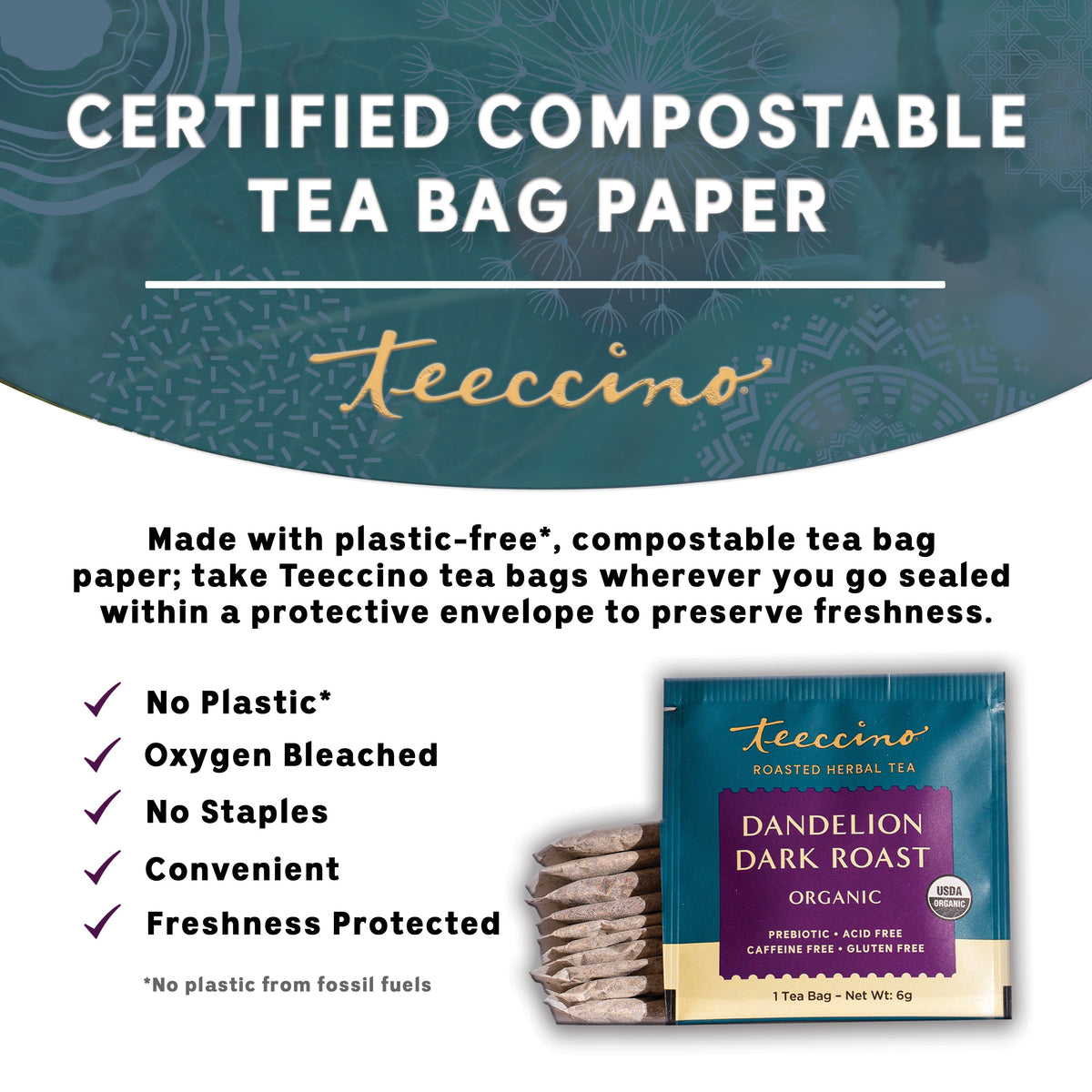 Certified compostable tea bag paper packaging for Teecino roasted dandelion dark roast