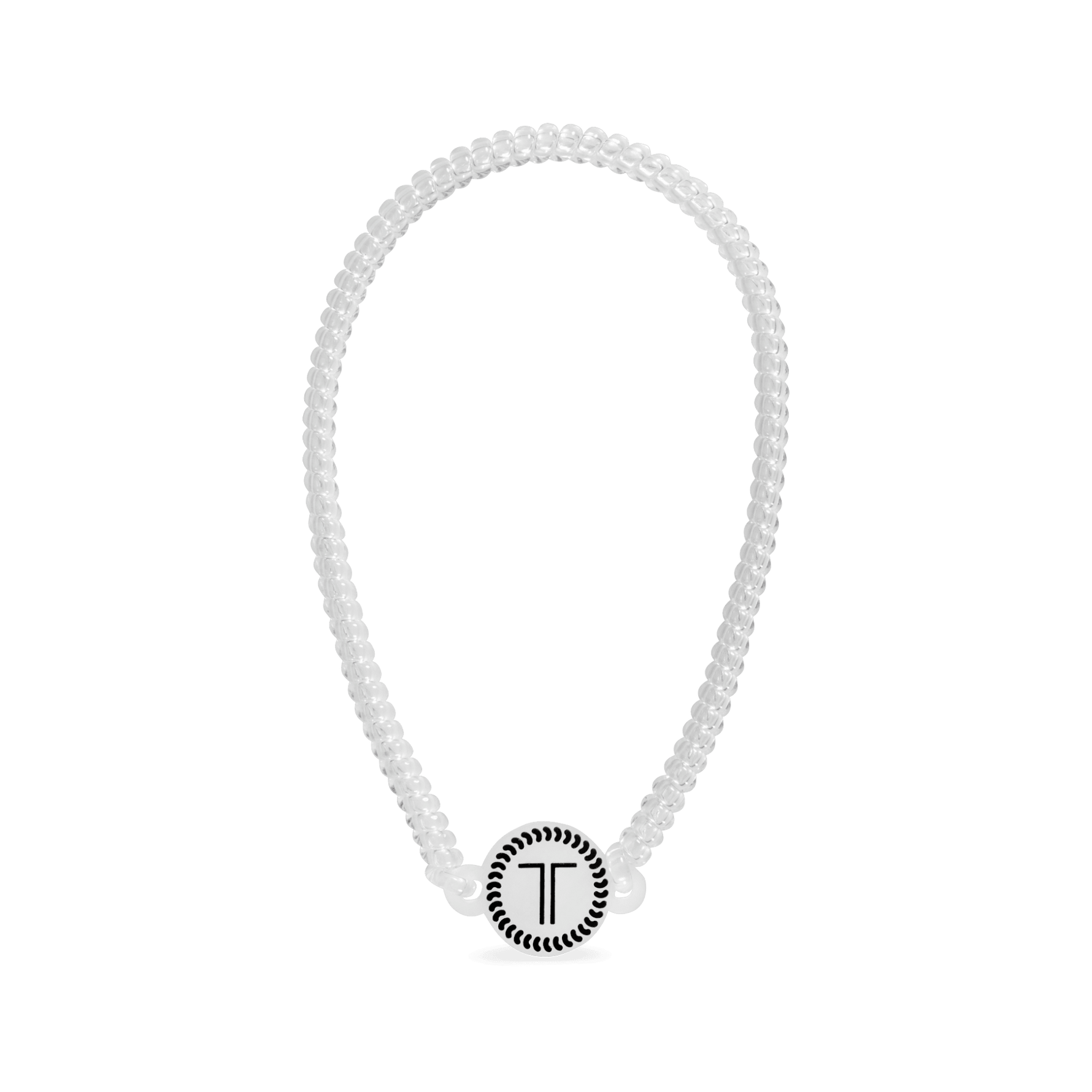 Clear spiral coil headband with round T logo charm