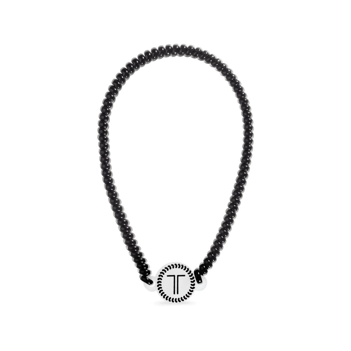 Jet black beaded headband with round T charm at front