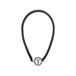 Jet black beaded headband with round T charm at front