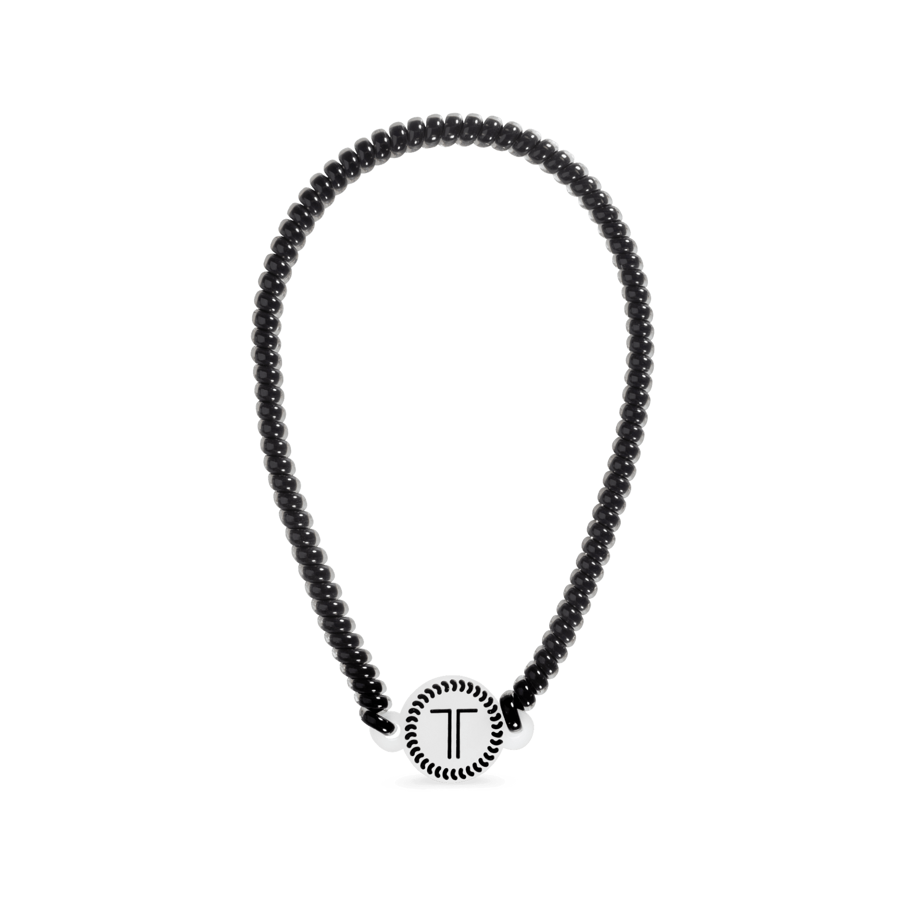 Jet black beaded headband with round T charm at front