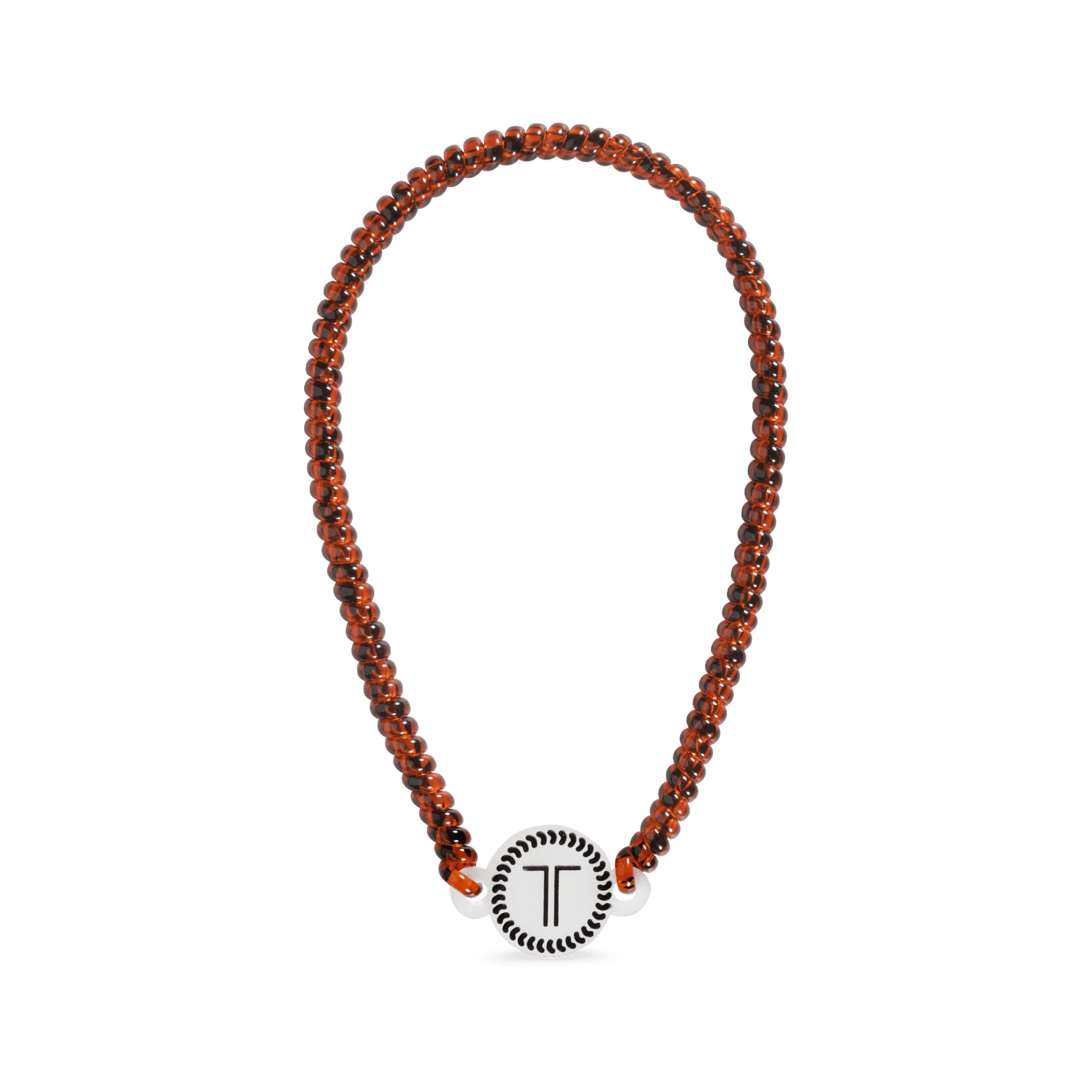 Beaded headband with orange-brown strands and a round white T charm centerpiece