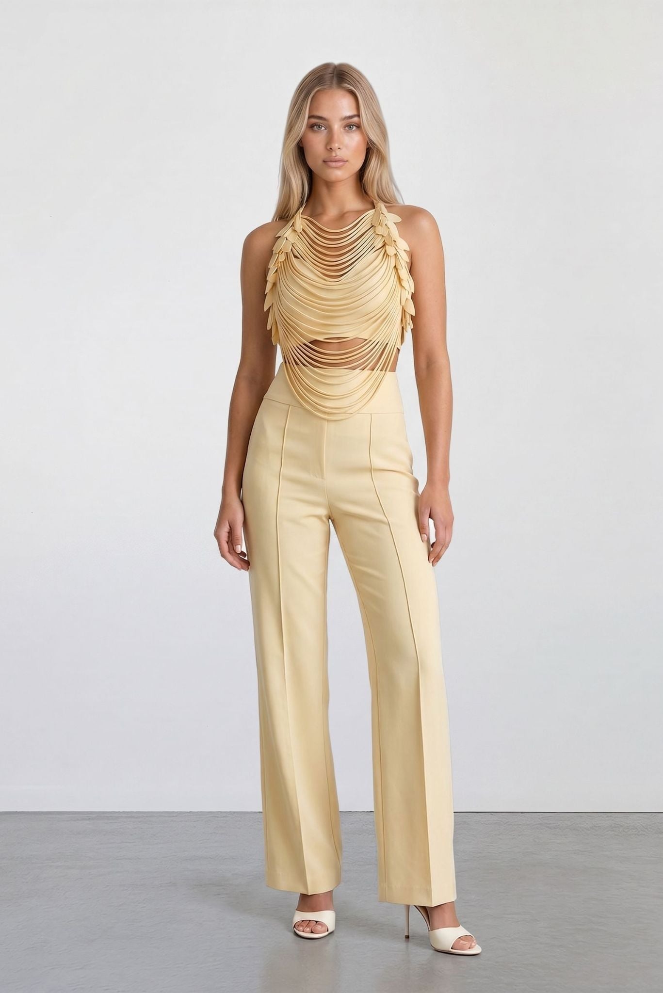 Draped petal halter top with layered gold-tone chain details, paired with light yellow trousers