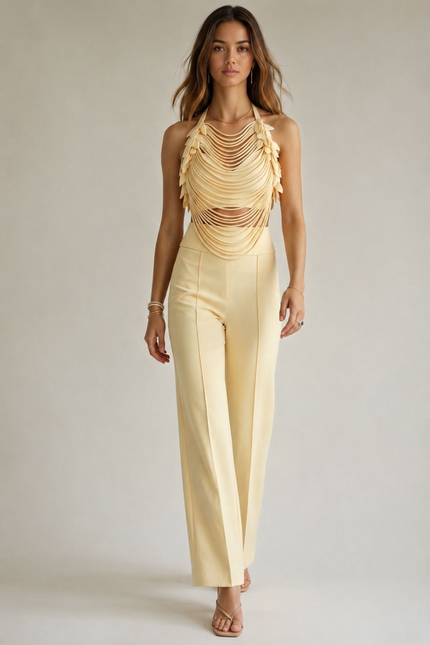 High-waisted wide-leg trousers in pale yellow, straight wide-leg fit