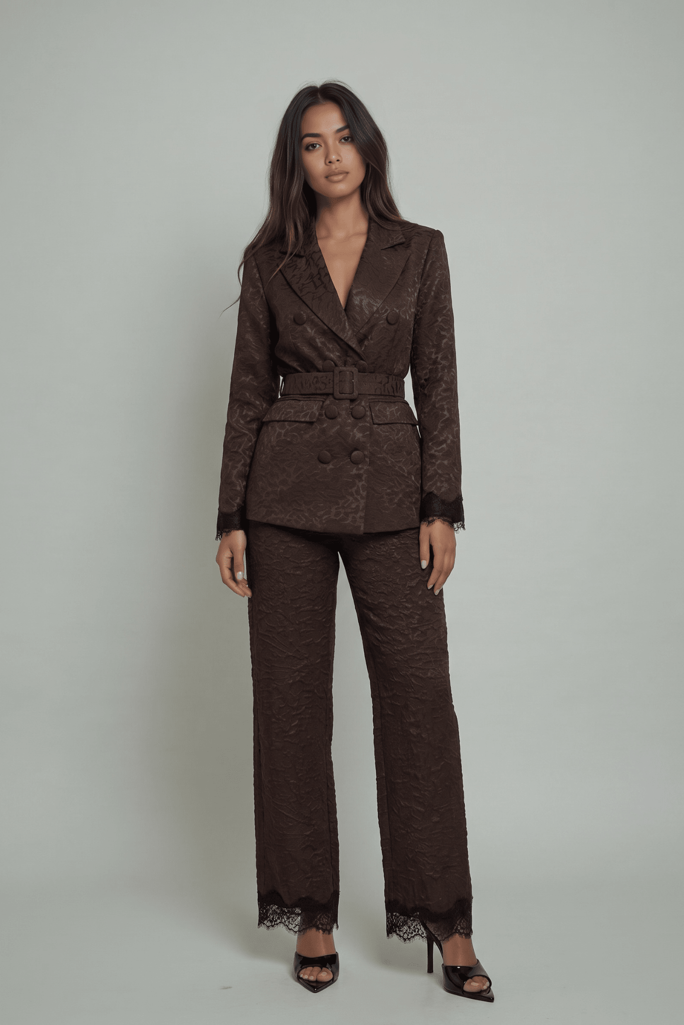 Chocolate-brown jacquard lace-trim trousers with high-rise waist and ankle-length lace hem