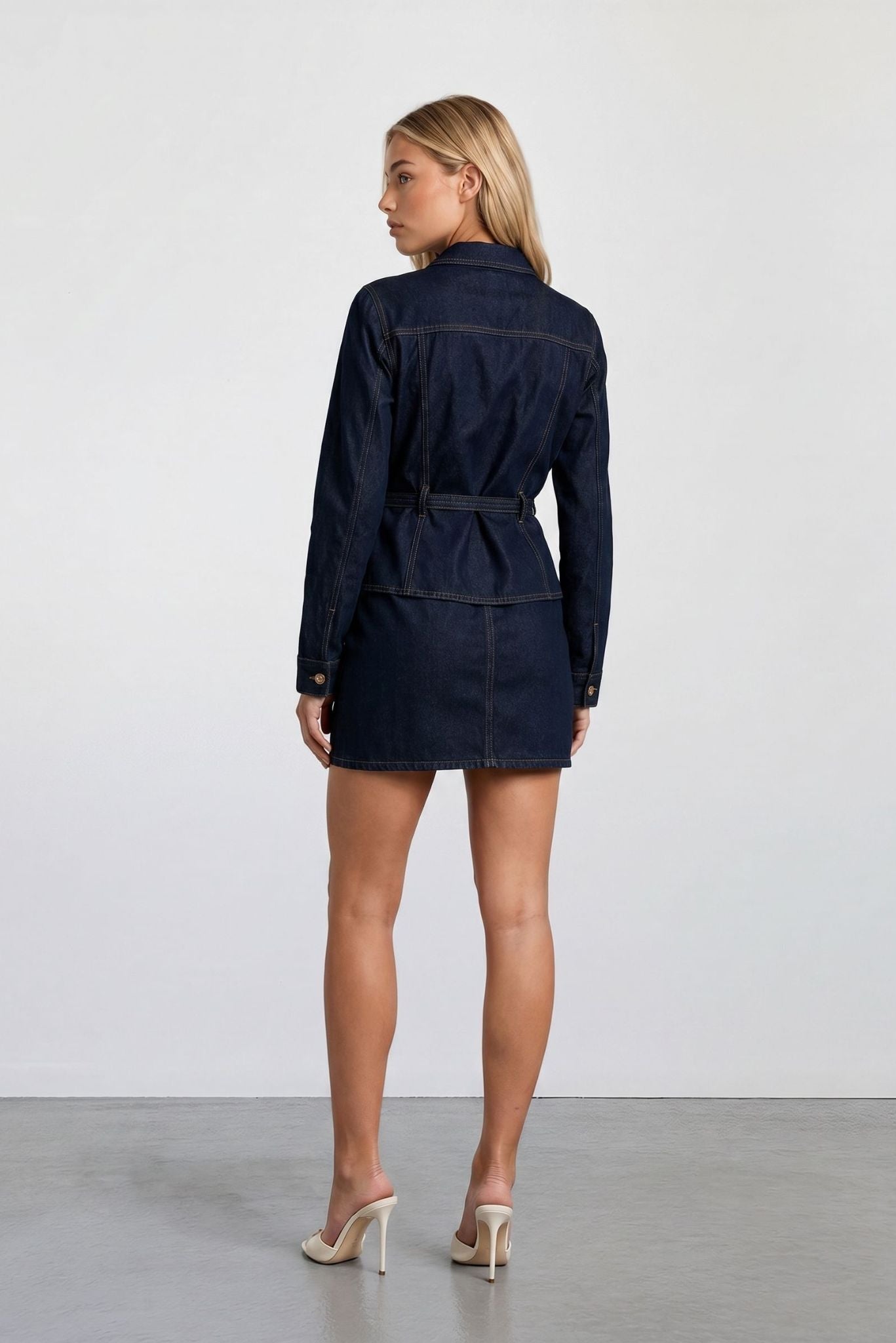 Monaco dark-blue denim mini dress with self-belt and buttoned back yoke