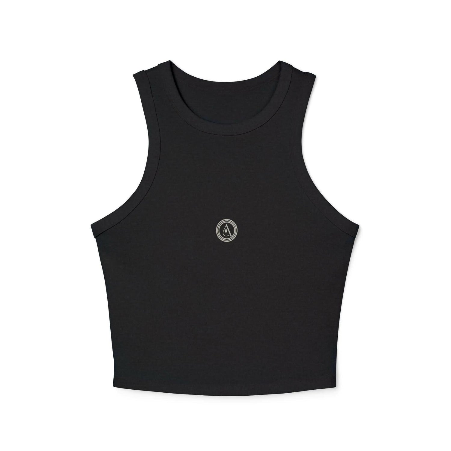 Black micro racer tank top with high armholes, scoop neck, and center logo