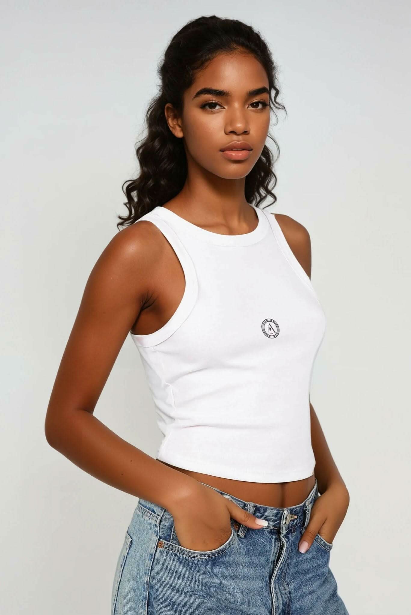 White micro racer tank top with high armholes and small chest logo