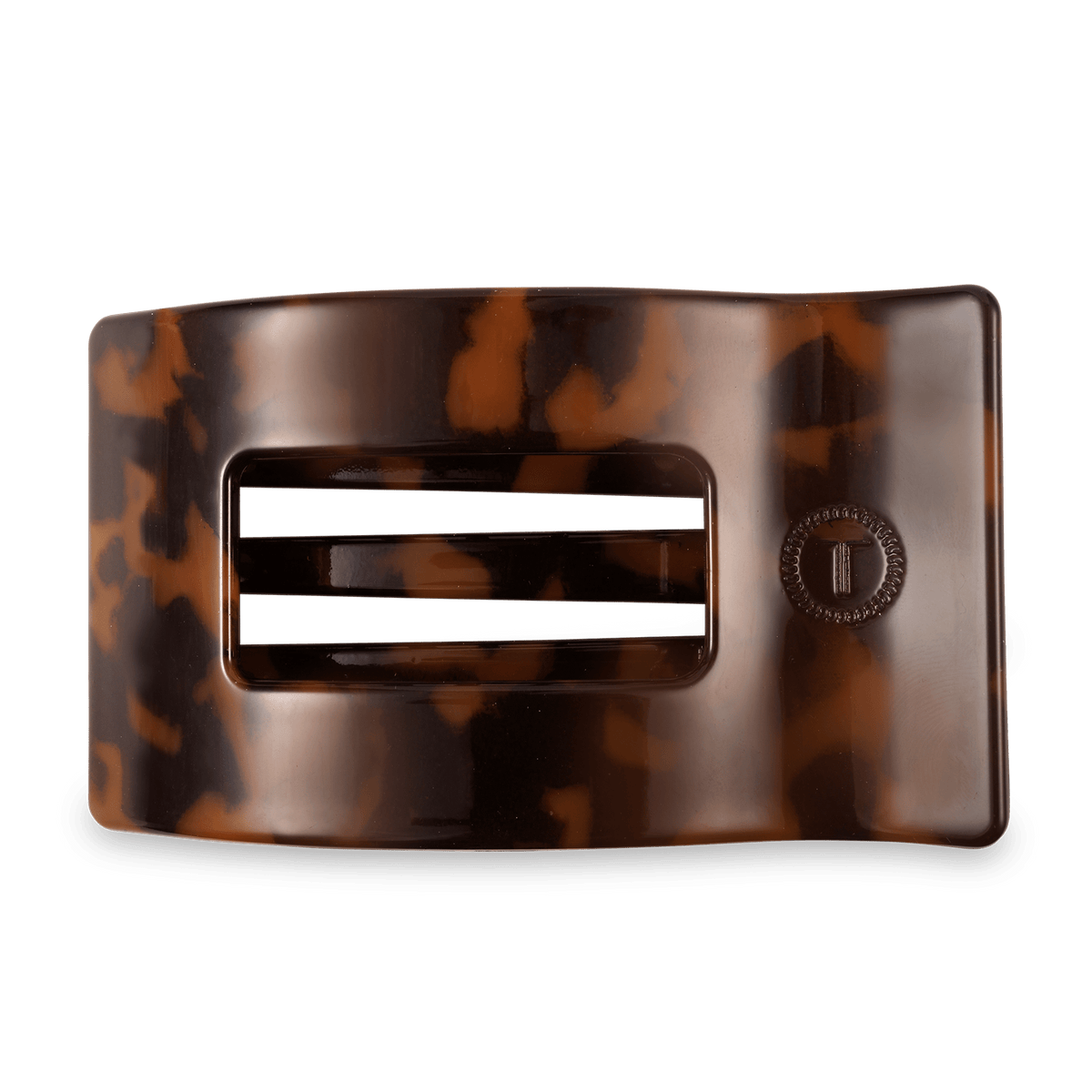 Large flat rectangular tortoise shell hair clip with metal spring hinge detail
