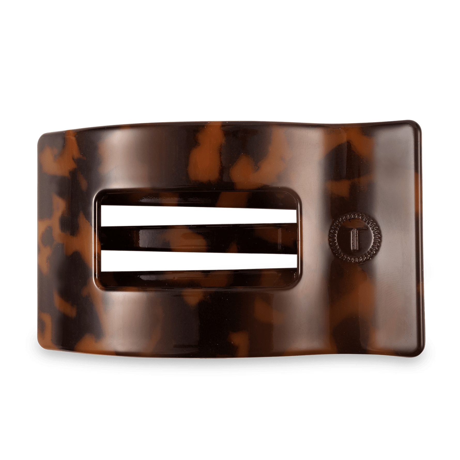 Large flat rectangular tortoise shell hair clip with metal spring hinge detail
