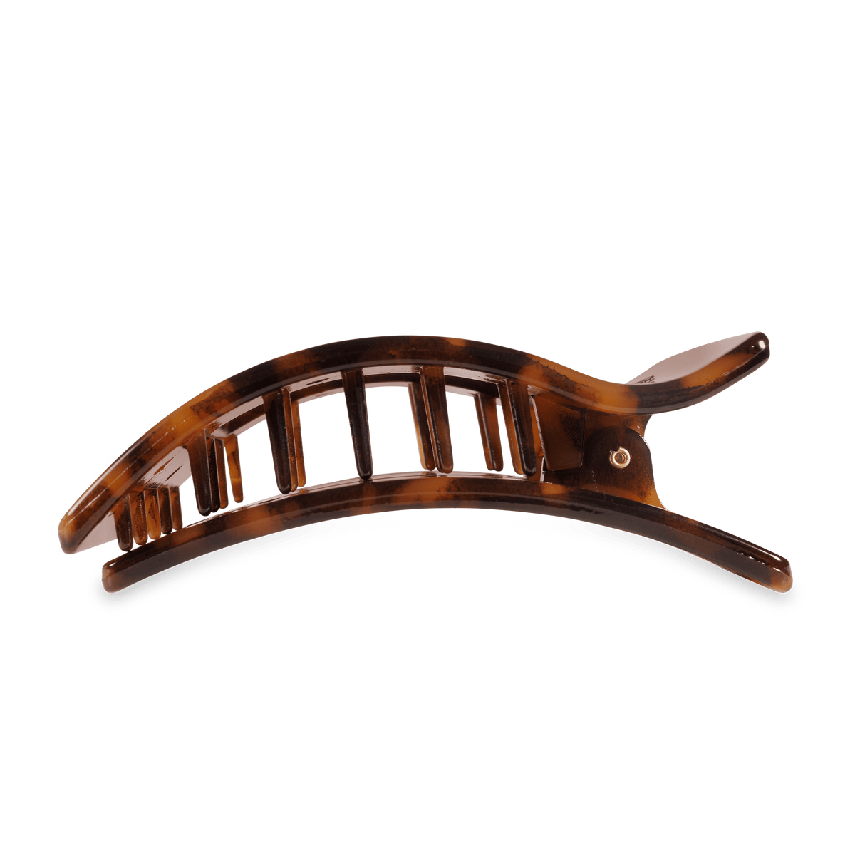 Tortoise shell curved rectangular hair clip with ridged teeth and side lever