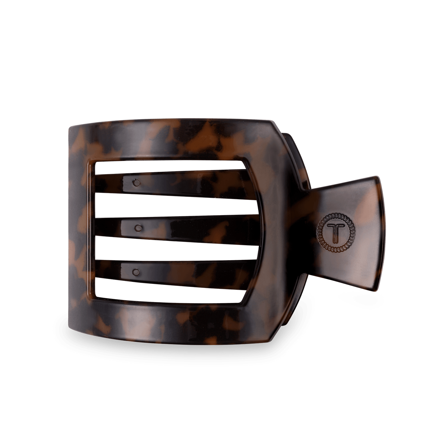 Large flat square tortoise-pattern hair clip with hinge and gold logo