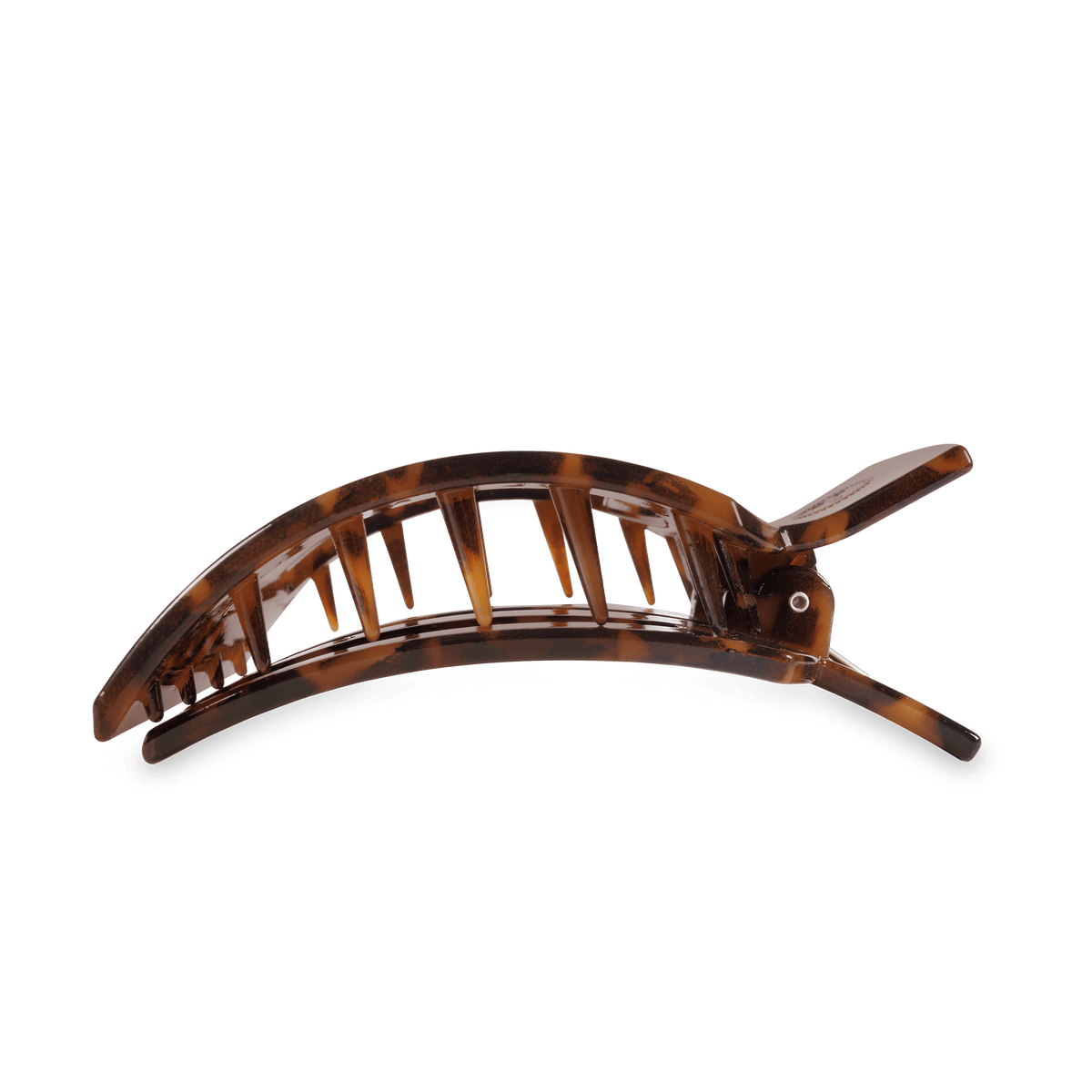 Tortoise-pattern semi-circular hair claw clip with curved teeth
