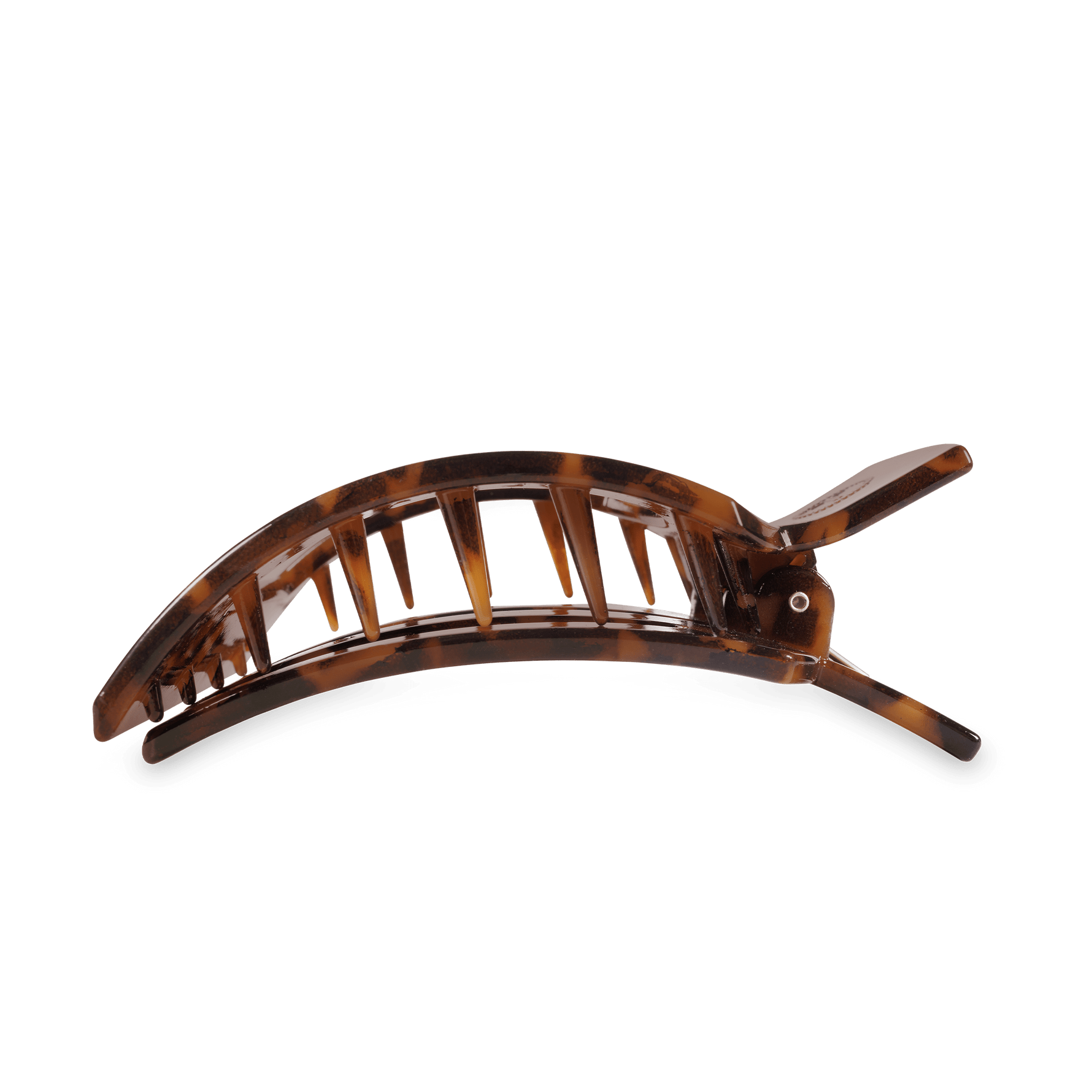 Tortoise-pattern semi-circular hair claw clip with curved teeth