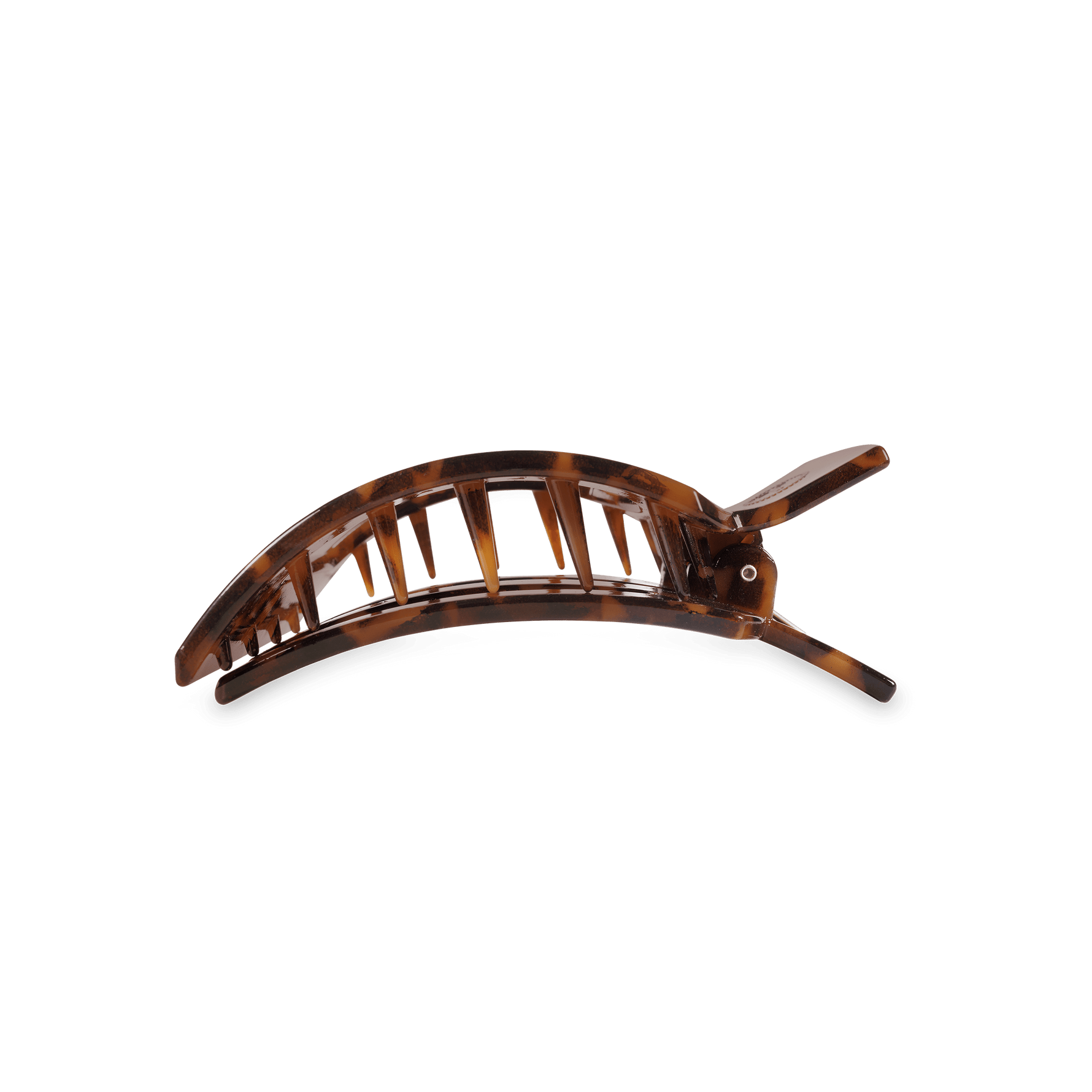 Tortoiseshell flat square hair clip with curved profile and metal teeth