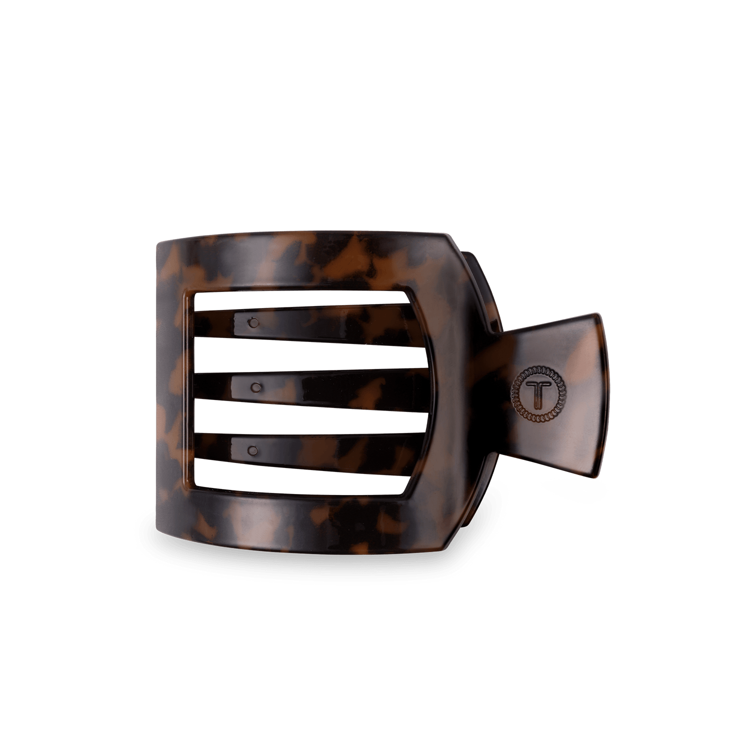 Tortoiseshell flat square hair clip with hinged teeth, medium size