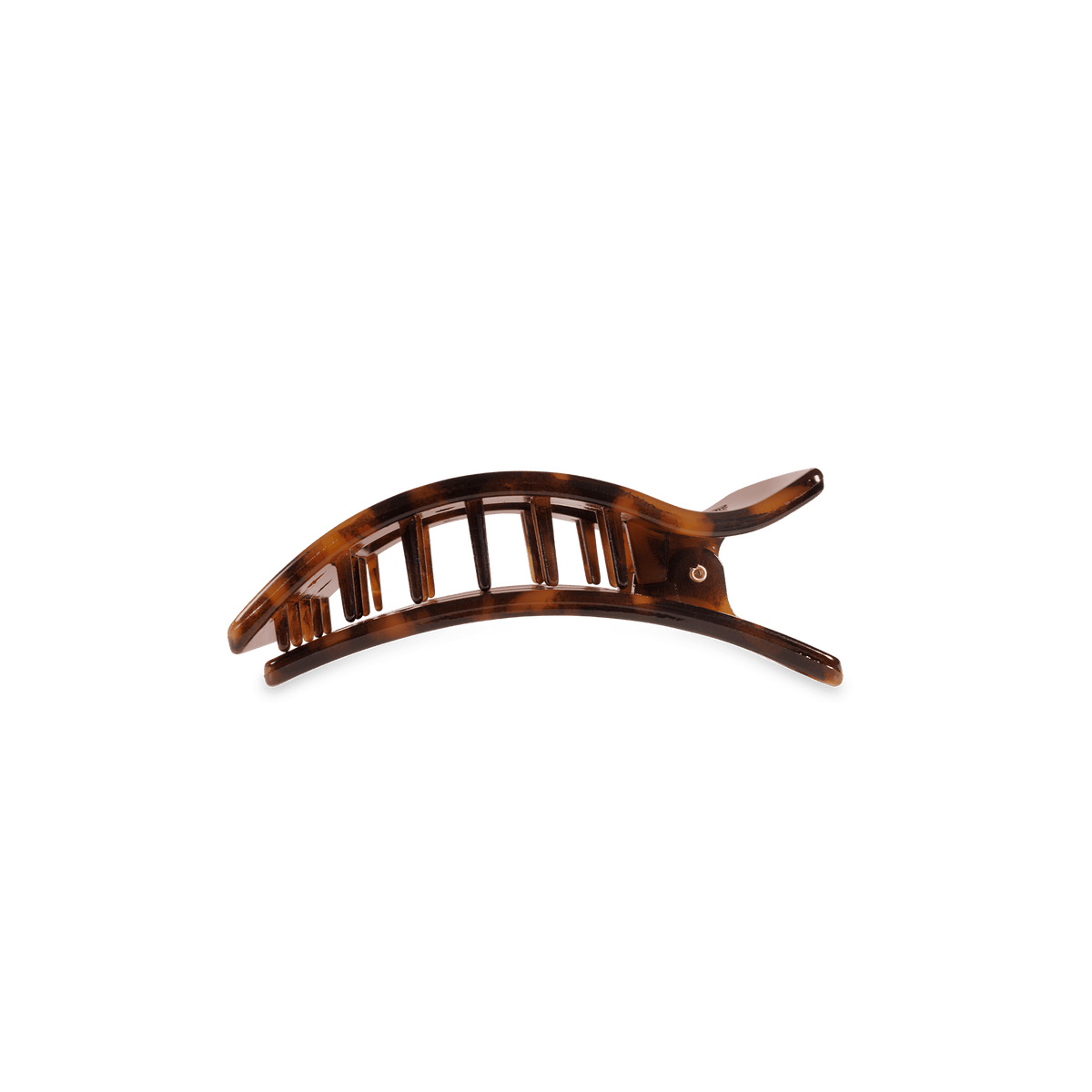Tortoise shell flat rectangle hair clip, side view with clasp