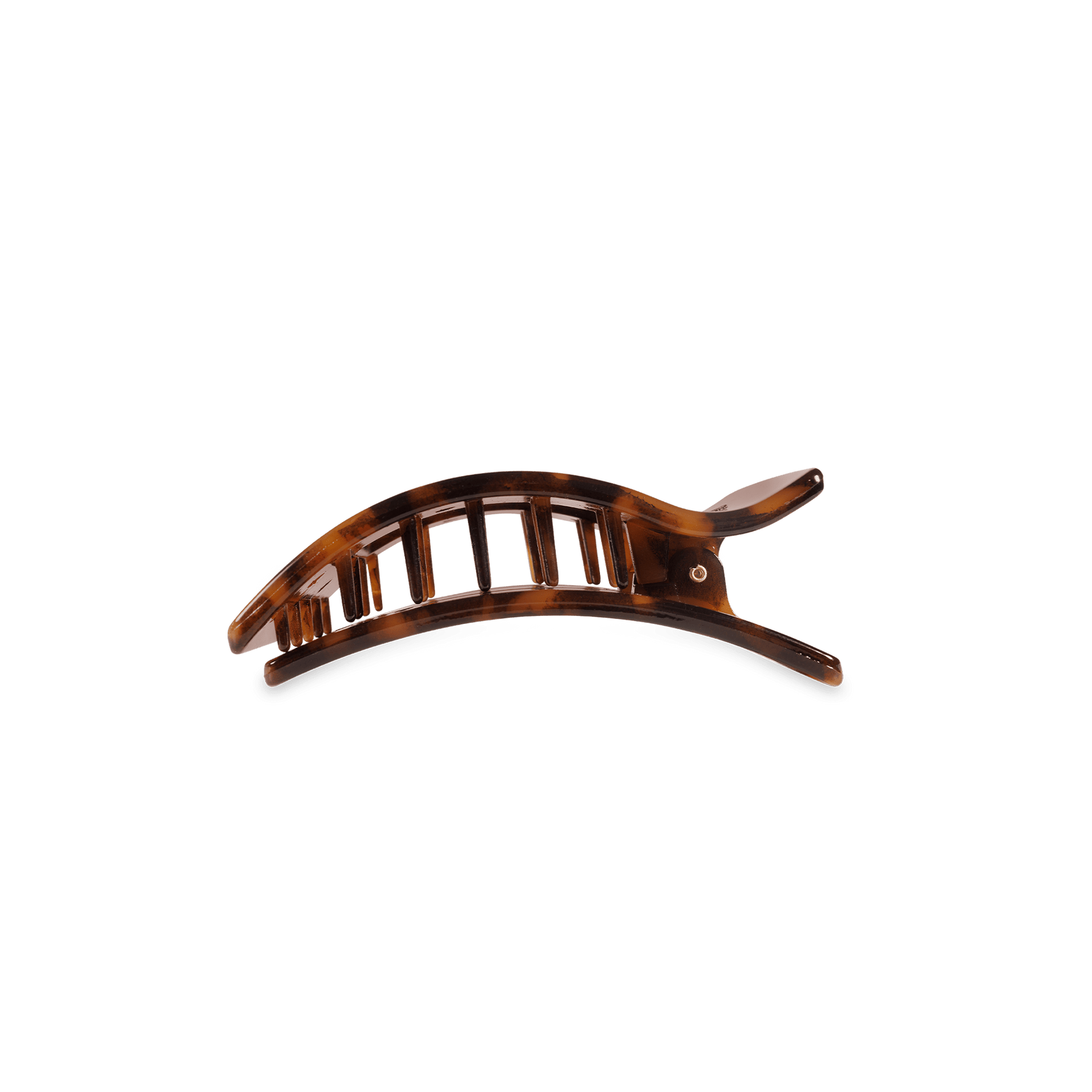 Tortoise shell flat rectangle hair clip, side view with clasp