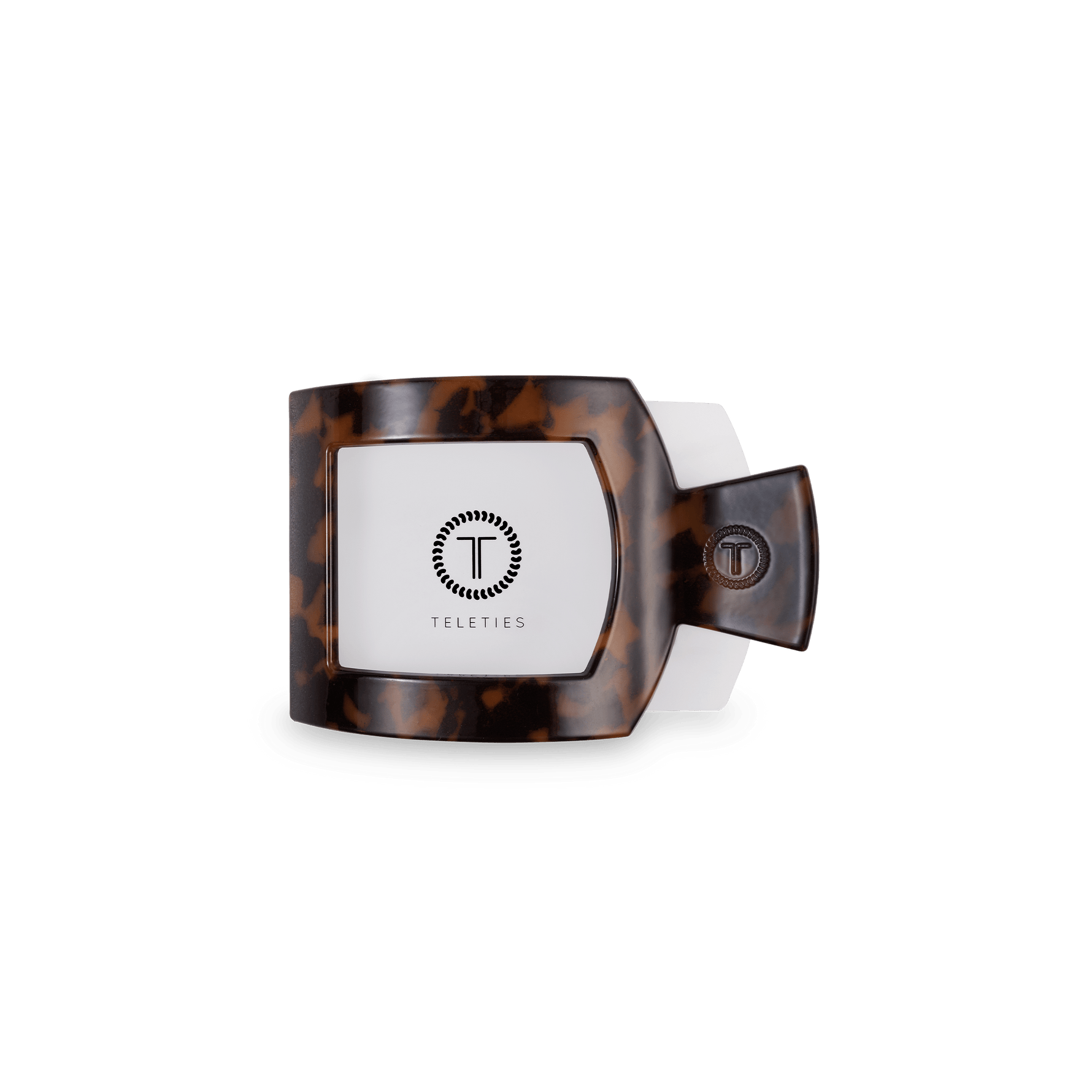 Flat square tortoiseshell hair clip with white brand insert