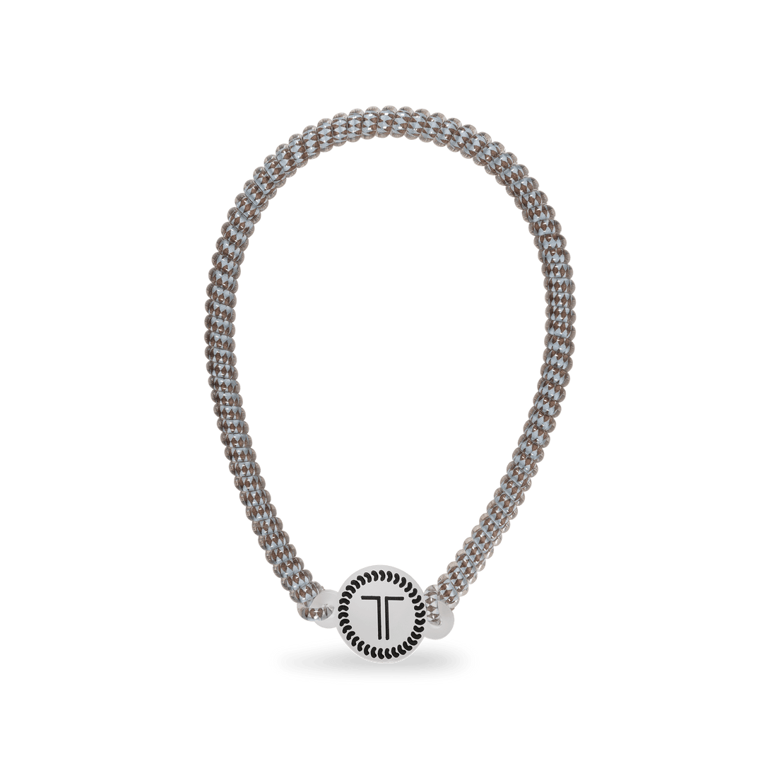 Taupe beaded headband with round logo charm