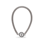 Taupe beaded headband with round logo charm