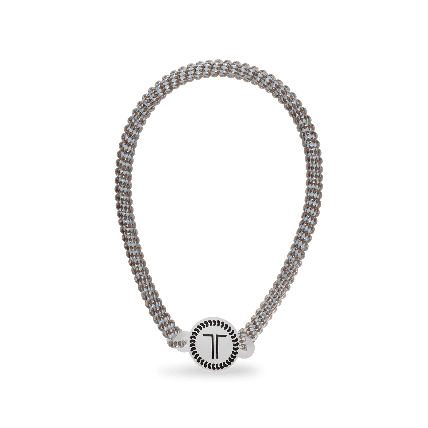 Taupe beaded headband with round logo charm