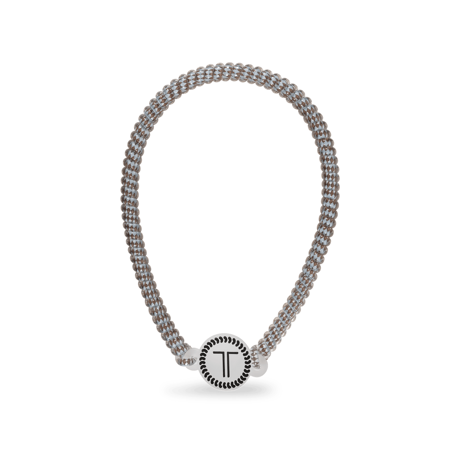 Taupe beaded headband with round logo charm