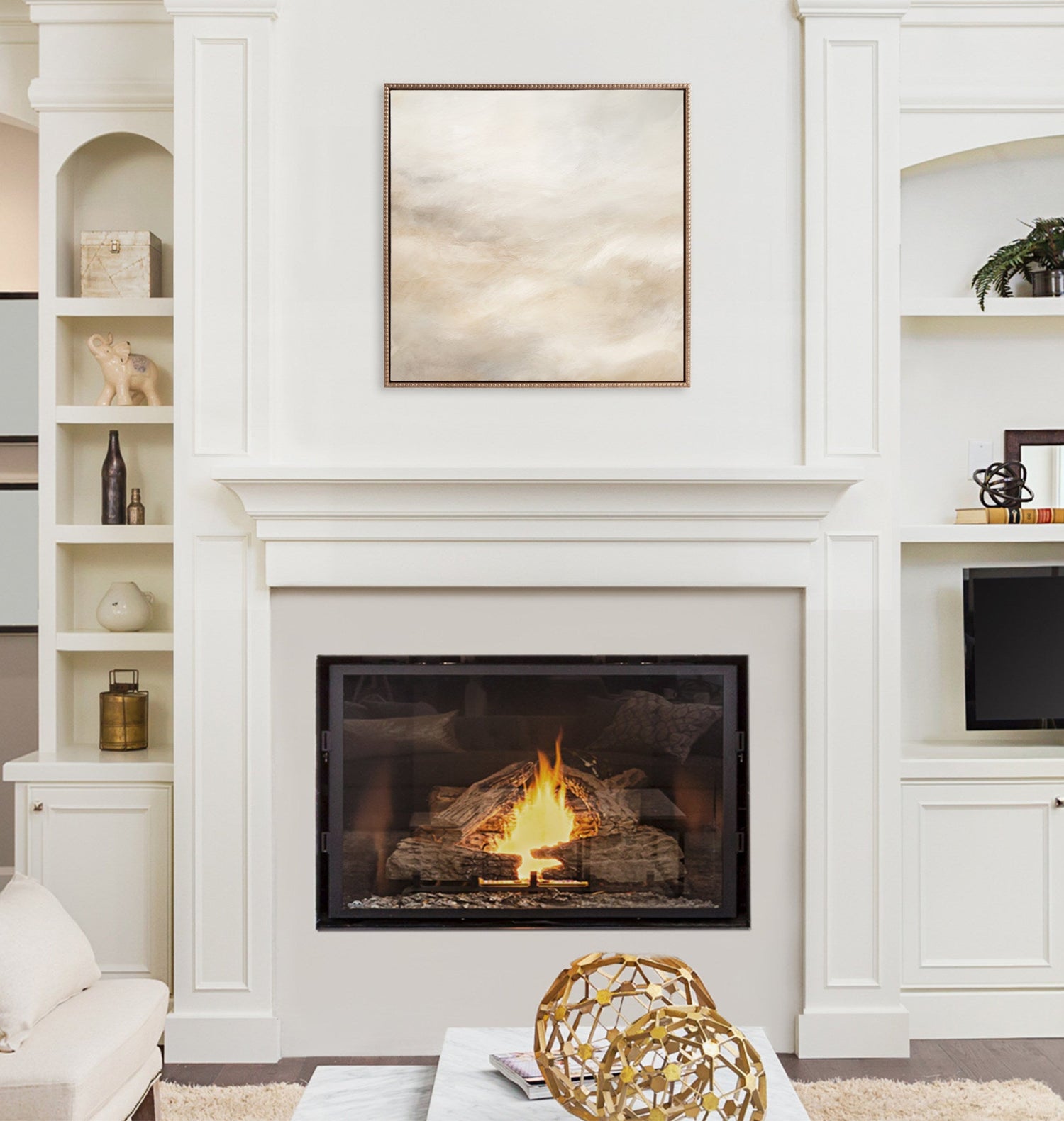 Sylvie Beaded Tonal Abstract White Beige Framed Canvas by The Creative Bunch Studio