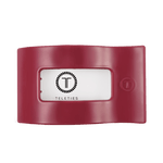 Maroon flat rectangle hair clip with logo panel and slotted teeth