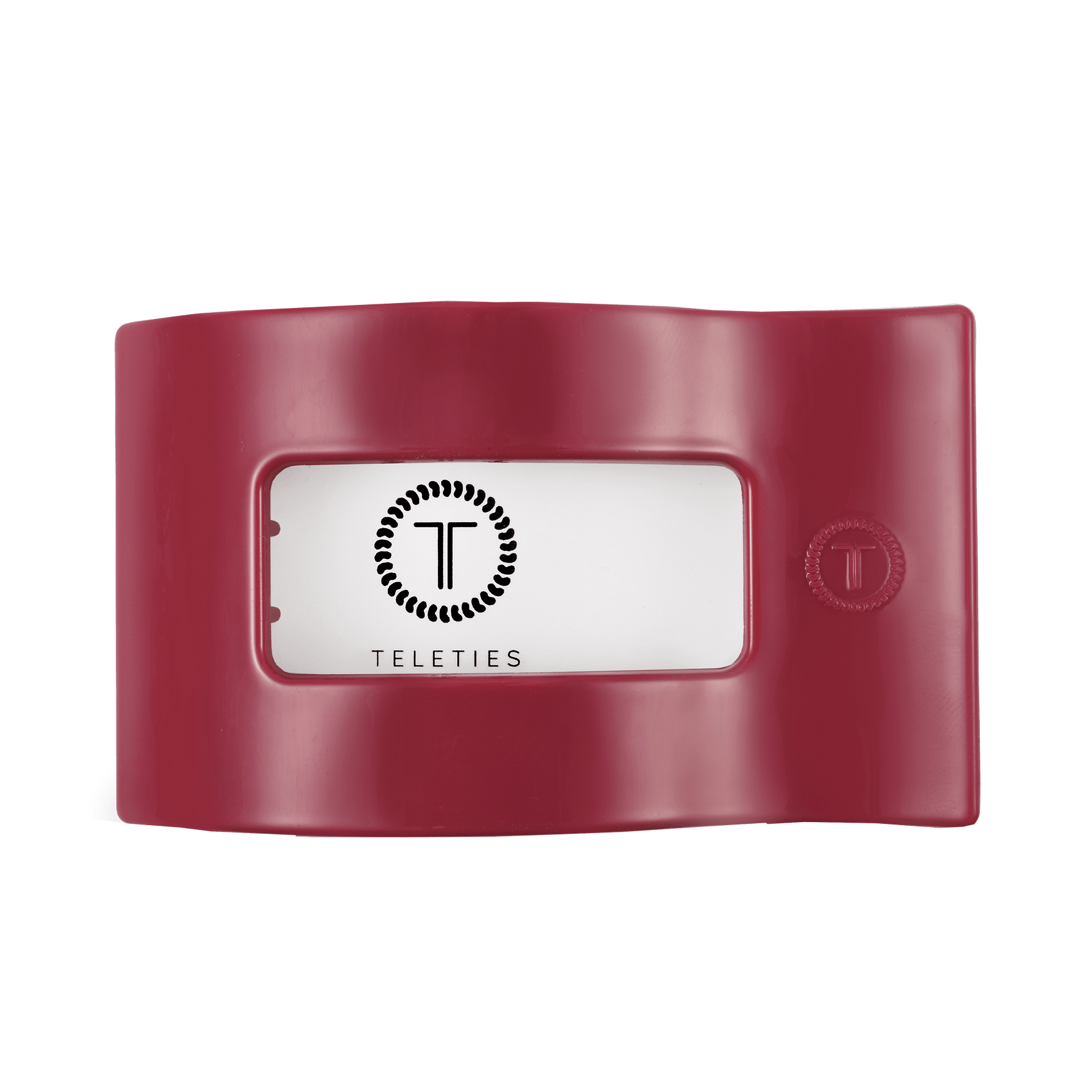 Maroon flat rectangle hair clip with logo panel and slotted teeth