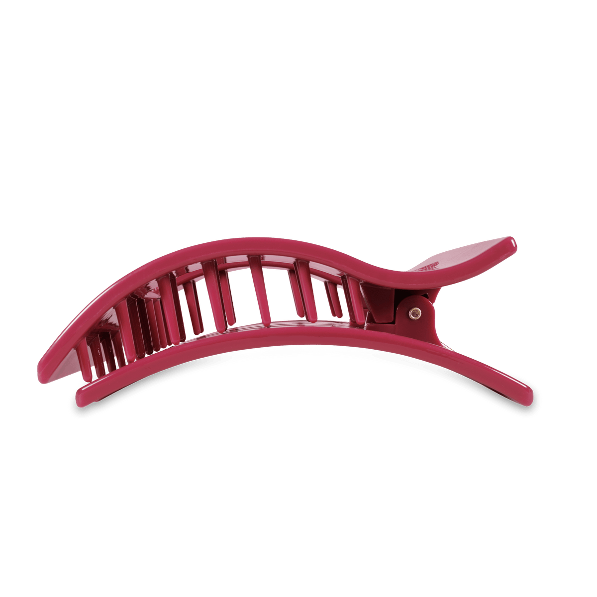 Maroon curved hair barrette with ridged teeth and snap clip ends