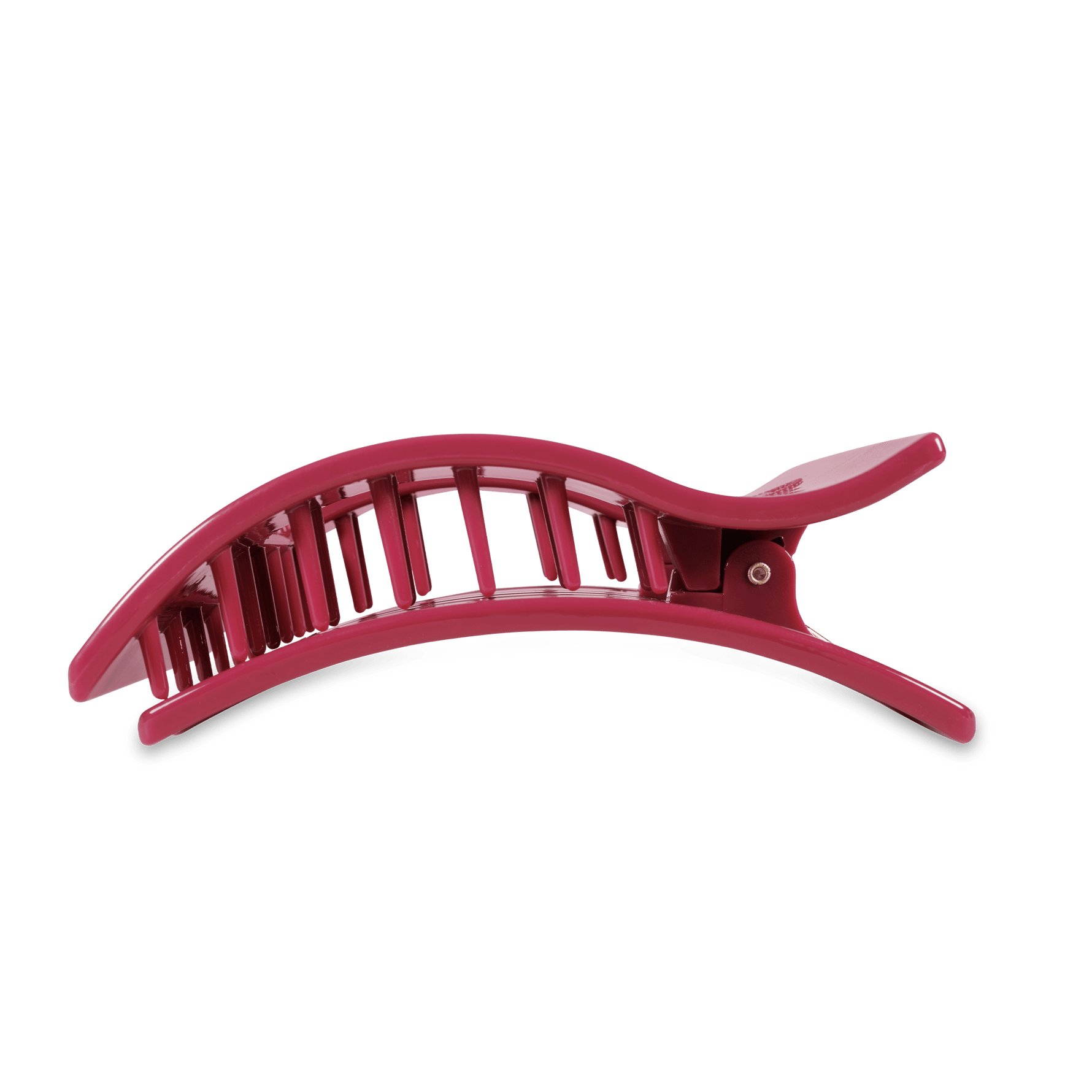 Maroon curved hair barrette with ridged teeth and snap clip ends