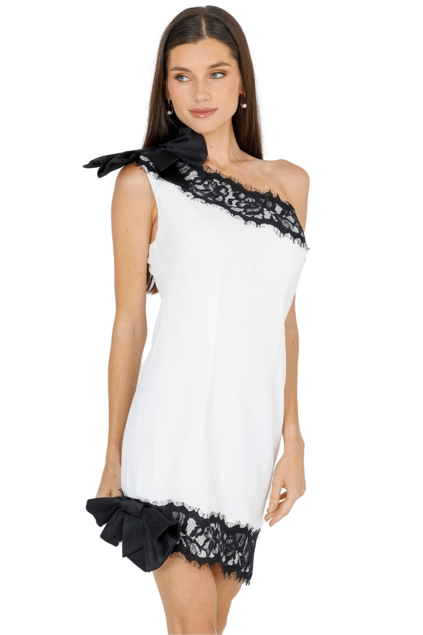 White one-shoulder mini dress with black lace yoke and lace-trim hem bow